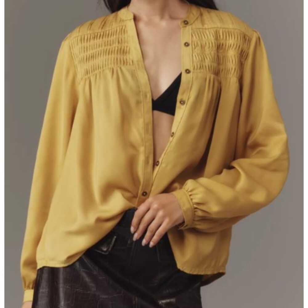 Anthropologie Pilcro Women's XL Silky Smocked Gold Button Down Shirt